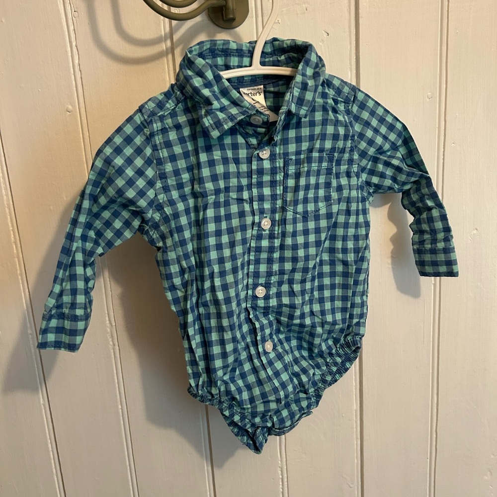 (3/$20) Carters 6m Blue Checkered button up flannel onesie